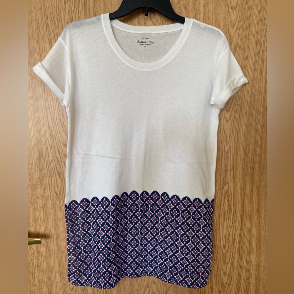 J. Crew White/Blue Patterned Tunic Tee
